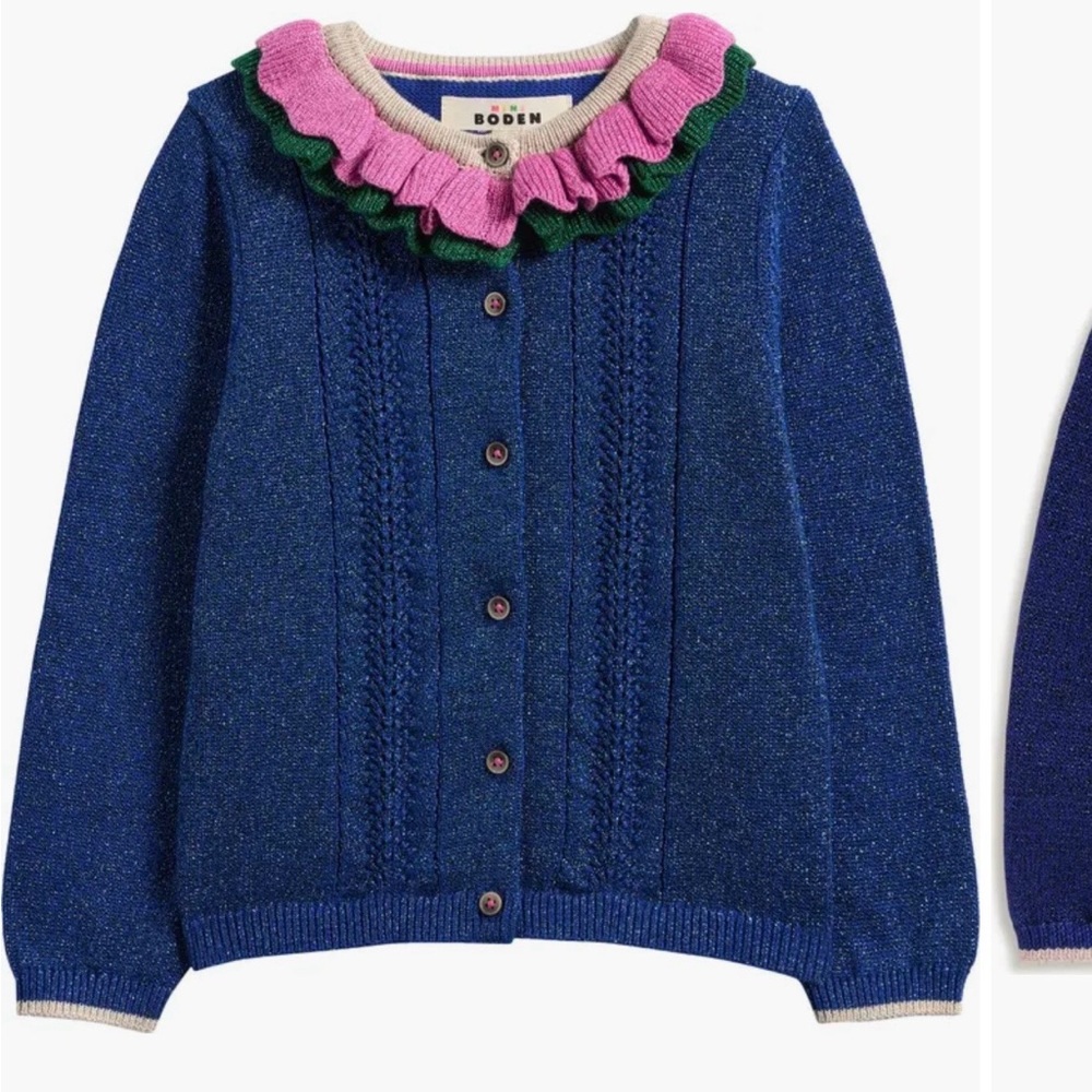 Mini Boden Shimmer Ruffle Collar Cardigan